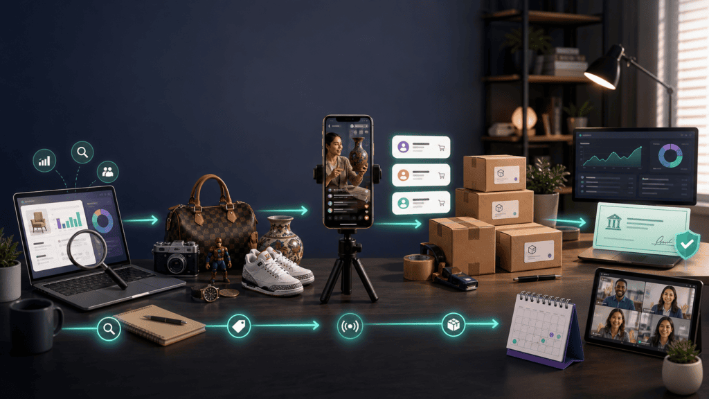 Step-by-step live-commerce workflow showing product research, livestream sales, packed orders, coaching, and seller payout.