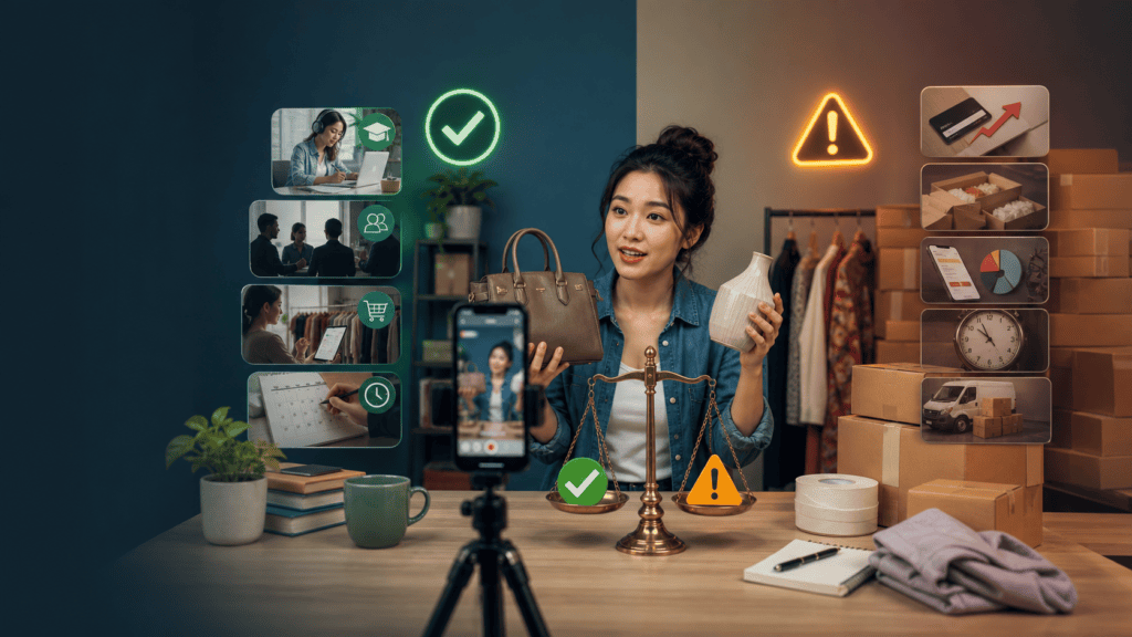 Live-commerce seller weighing training benefits against course costs, inventory, shipping, and platform risks.