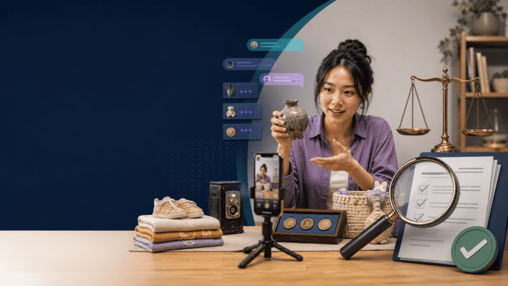 Home-based seller livestreaming vintage products with a checklist, magnifying glass, balance scale, and verification symbol.
