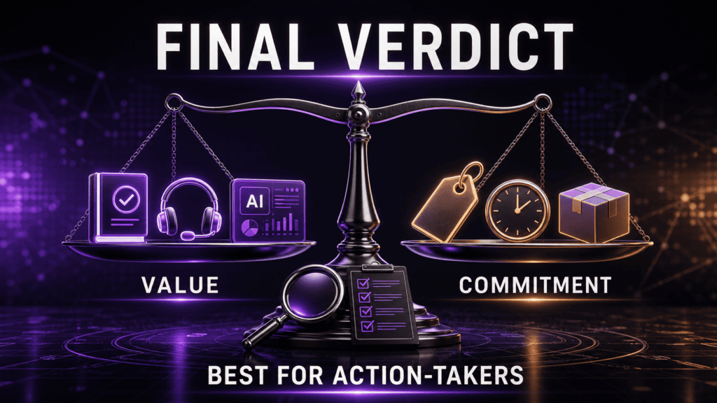 Quick Audience Profit System final verdict balancing its training, coaching and AI tools against the required cost, time and shipping commitment