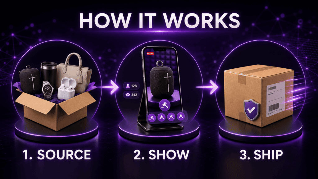 How Quick Audience Profit System works through three steps: source products, show them in a live auction, and ship customer orders
