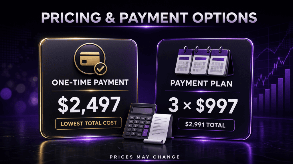 Quick Audience Profit System pricing showing a $2,497 one-time payment and three payments of $997
