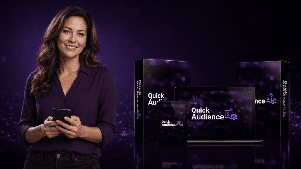 Quick Audience Profit System review showing the Whatnot training on digital devices with a live-selling presenter