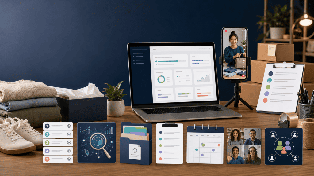 Laptop showing course modules beside a live-selling phone, sourcing tools, launch calendar, coaching calls, and community icons.